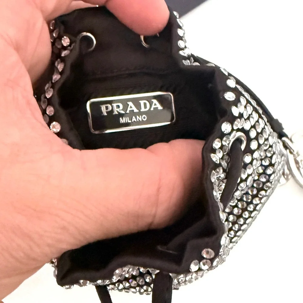 Prada Trick in Tessuto Crystal Bucket Bag Charm Micro Pouch Black Silver 1TT202